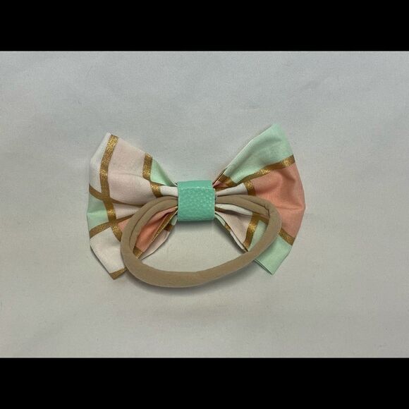 Handmade Geometric teal, pink and gold Bow - Picture 3 of 6